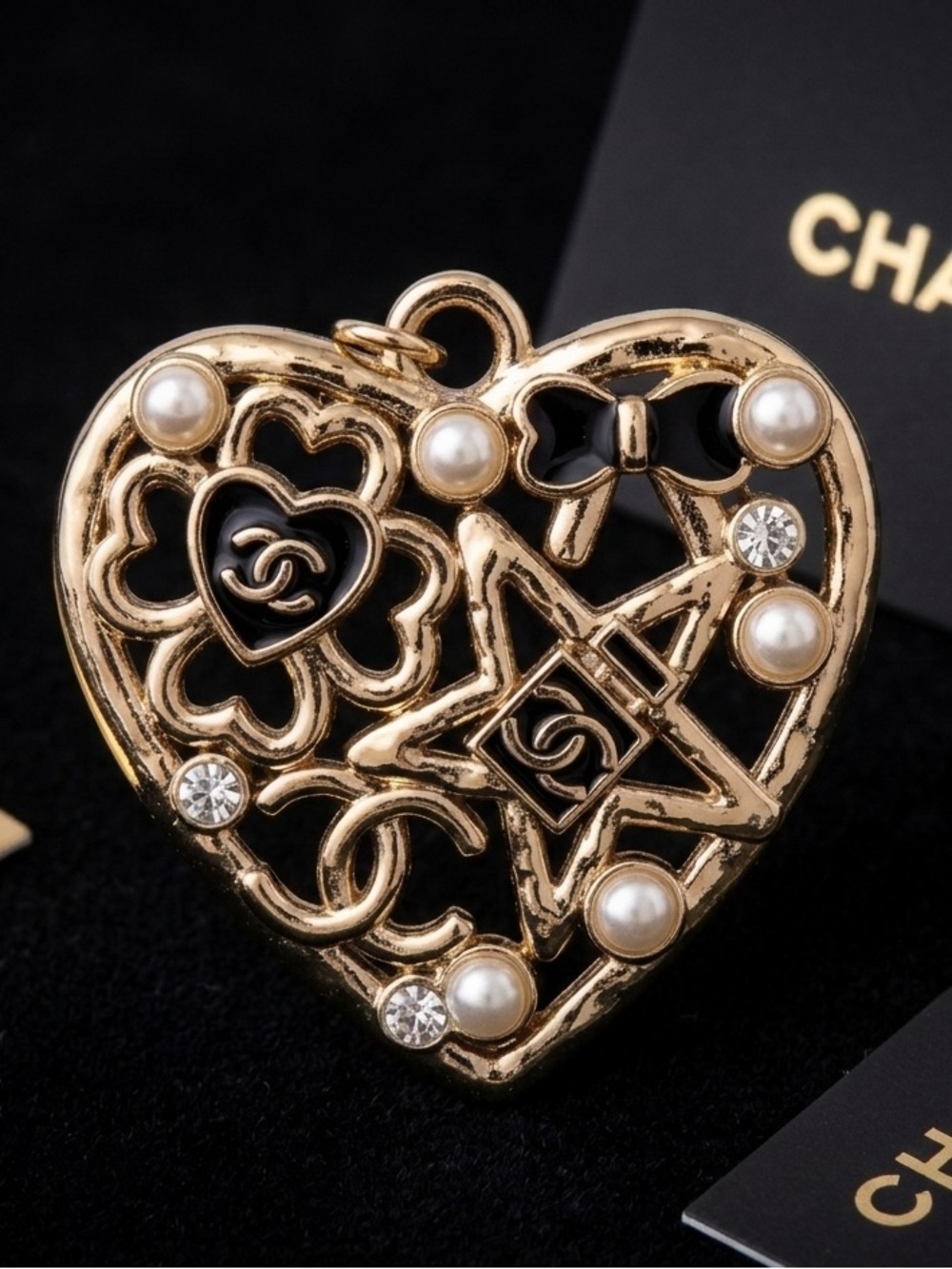 ChaneI Gold Heart Pendant with Black Enamel and Pearls